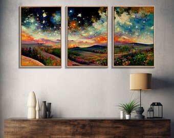 Night Starry Sky Landscape Colorful Night Sky Nature Living Room Wall Art Spiritual Starry, 3 Piece Wall Art, Ready To Hang Canvas Print