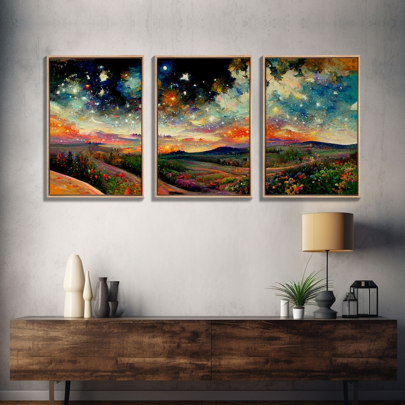 Night Starry Sky Landscape Colorful Night Sky Nature Living Room Wall Art Spiritual Starry, 3 Piece Wall Art, Ready To Hang Canvas Print image 2