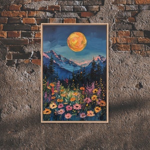 Full Moon Above The Wildflowers Under The Mountains, Framed Canvas Print, Woodland Art, Mystical Full Moon Oil Painting, Cute Bedroom Decor