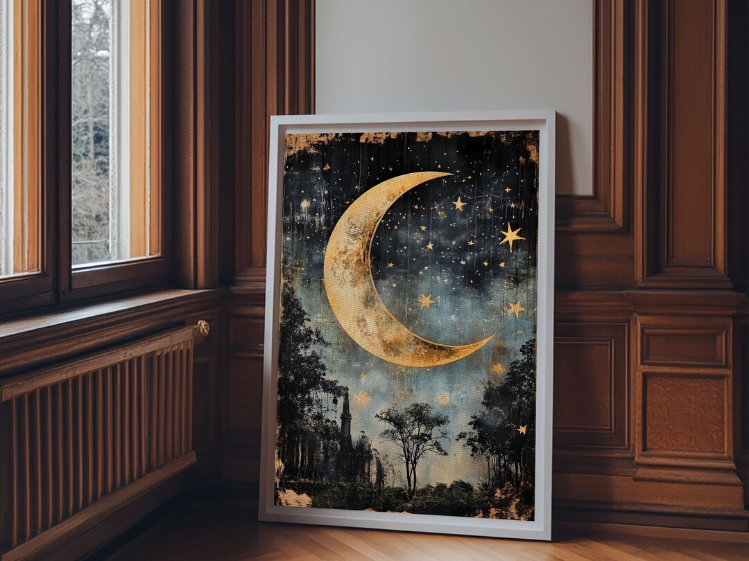 Mystical Moon Painting Print, Folk Art Canvas Print, Eerie Atmospheric ...