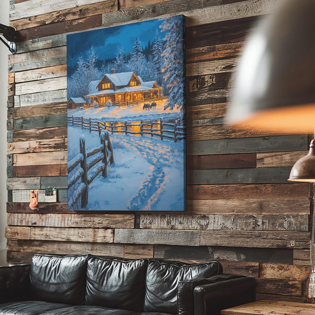 Warm Log Cabin in Snow Framed Canvas Print Wall Art Winter Holiday ...