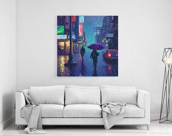 Rainy Day pixel art, cyberpunk pixel city, framed canvas print, wall art, wall decor