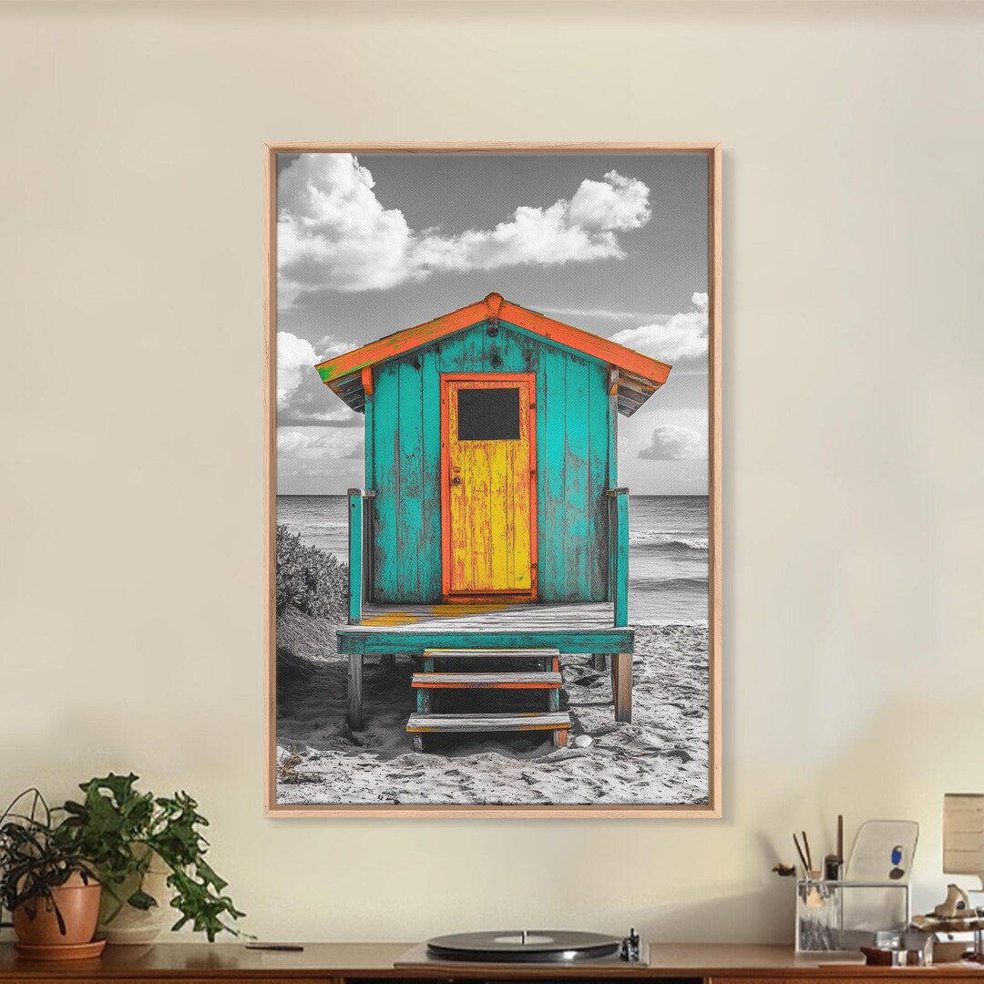 Colorful Beach Hut, Surf Shack, Coastal Cabin, Framed Canvas Print ...