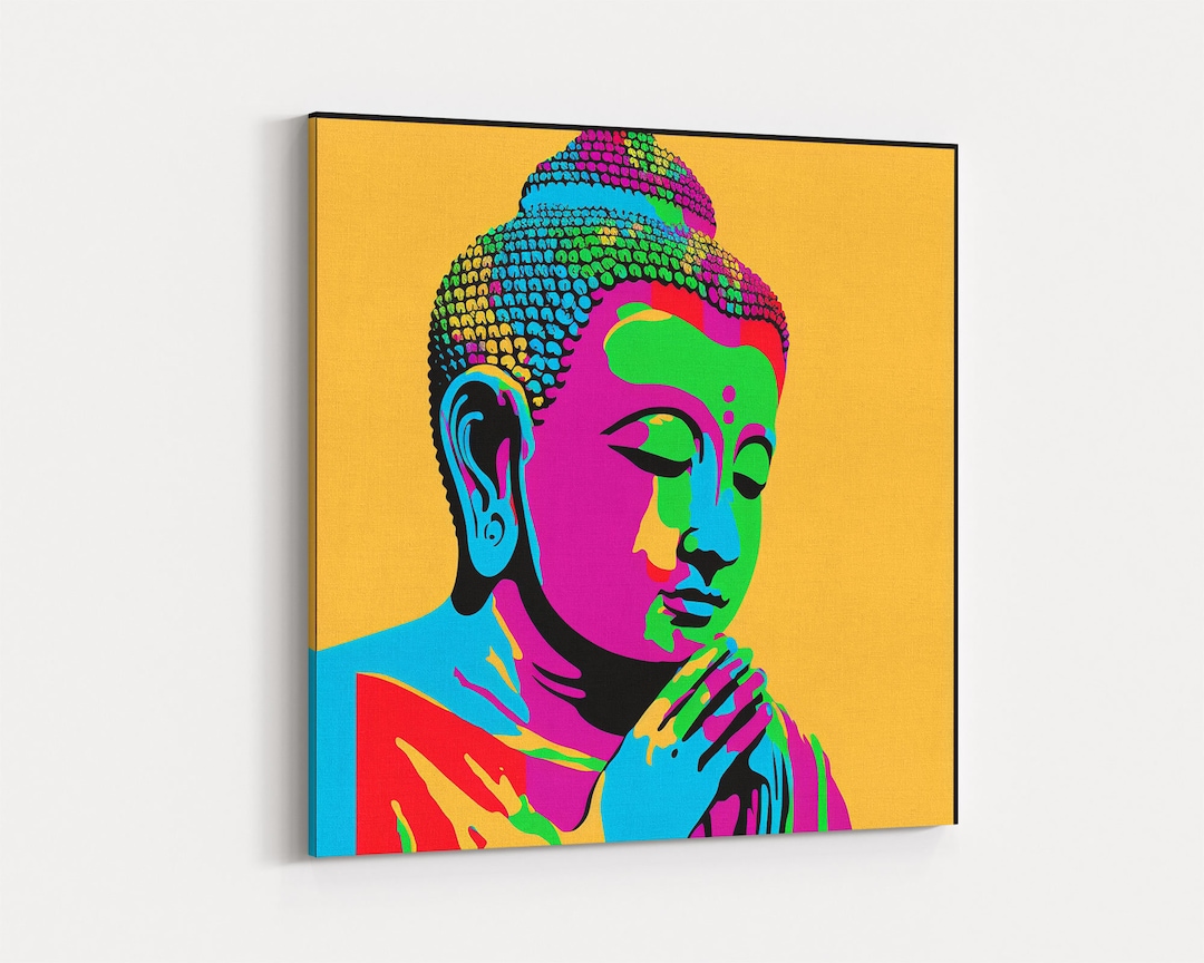 Rainbow Pop Art Buddha, Framed Canvas Print, Smiling Buddha Wall Art