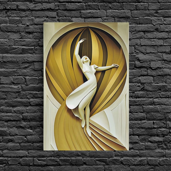 Art Deco Sculpture Canvas Print, Framed Wall Art, 1930s Inspired Retro Art, White and Gold Ballerina