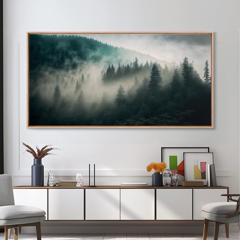 Foggy Forest wall art, relaxing art, zen art, framed canvas print, foggy landscape, trendy decor image 17