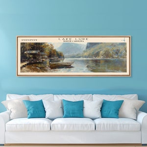 Lake Lure North Carolina Framed Canvas Print, Lake House Decor, Panoramic Wall Art, Travel Poster, Peaceful Lakeside Painting, Boho Art