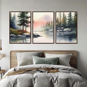 Framed Canvas Wall Art Set of 3 Pastel Mountain Range Lake Nature ...
