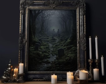 Haunted Cemetery, Macabre Halloween Art, Dark Arts, Framed Canvas Print, Graveyard At Midnight, Spooky Halloween Art