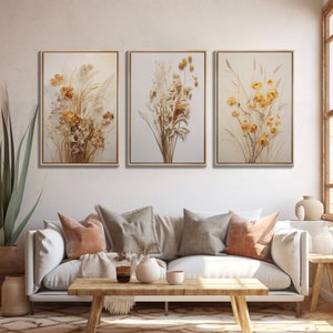 Framed Canvas Wall Art Set of 3, Modern Farmhouse Decor, Botanical Prints, Neutral Colors, Minimalist Art, Boho Home Decor