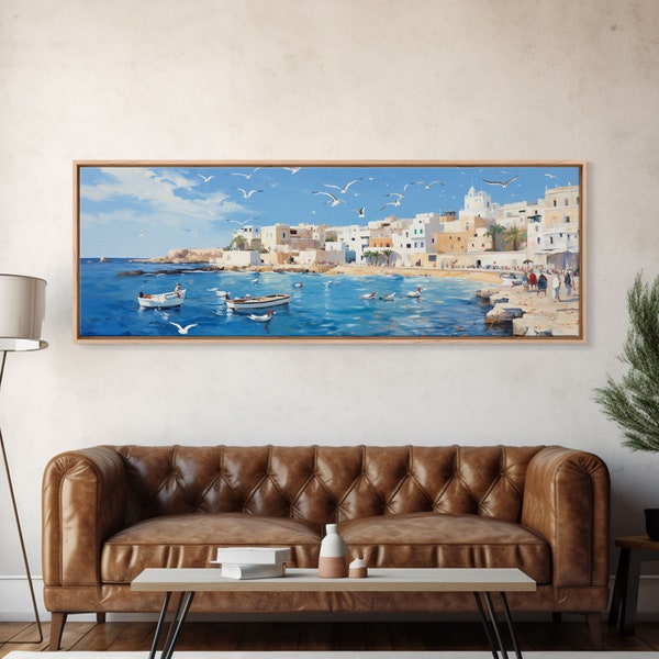 Moroccan Fishing Vilage At Sunset, Panoramic Print, Watercolor Painting Framed Canvas Print Wall Art, Guest Room Decor, Above Sofa Art