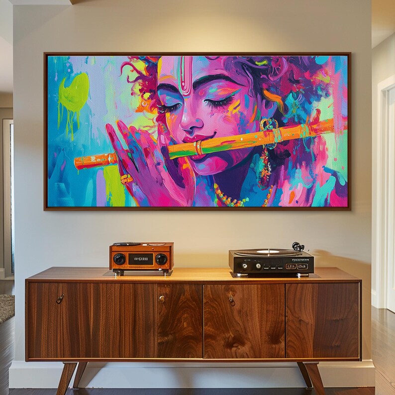Radha Krishna Painting Print, Hindu Wall Art, Framed Canvas Print, Hinduism Wall Art, Krishna Wall Art, Krishna Playing A Flute afbeelding 13