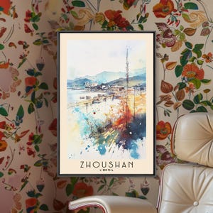 Zhoushan, China Watercolor Beach Print, Vacation Gift, China Wall Art, Beach Painting, Beach Decor, Beach Painting
