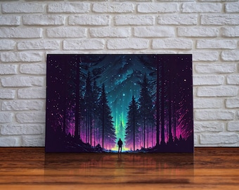 Contemplating the stars, vaporwave aesthetic, forest art, starry night, framed canvas print