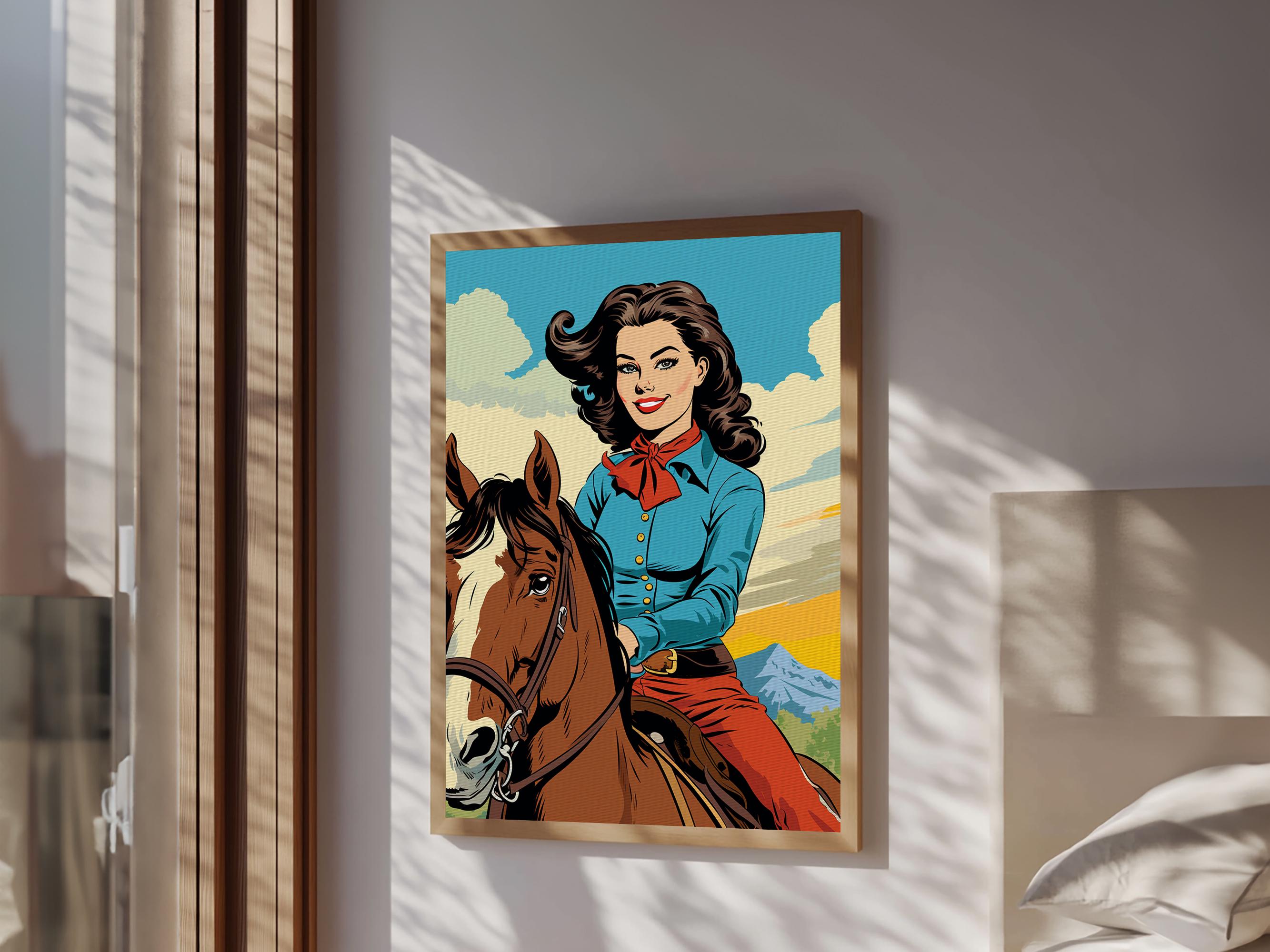 Comic Book Style Rustic Horse Rider Cowgirl Oil Painting Canvas Print ...