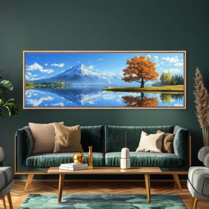 Large Framed Landscape Art | Reflections In The Lake | Panoramic Landscape Painting Framed Canvas Print | Canvas Wall Art