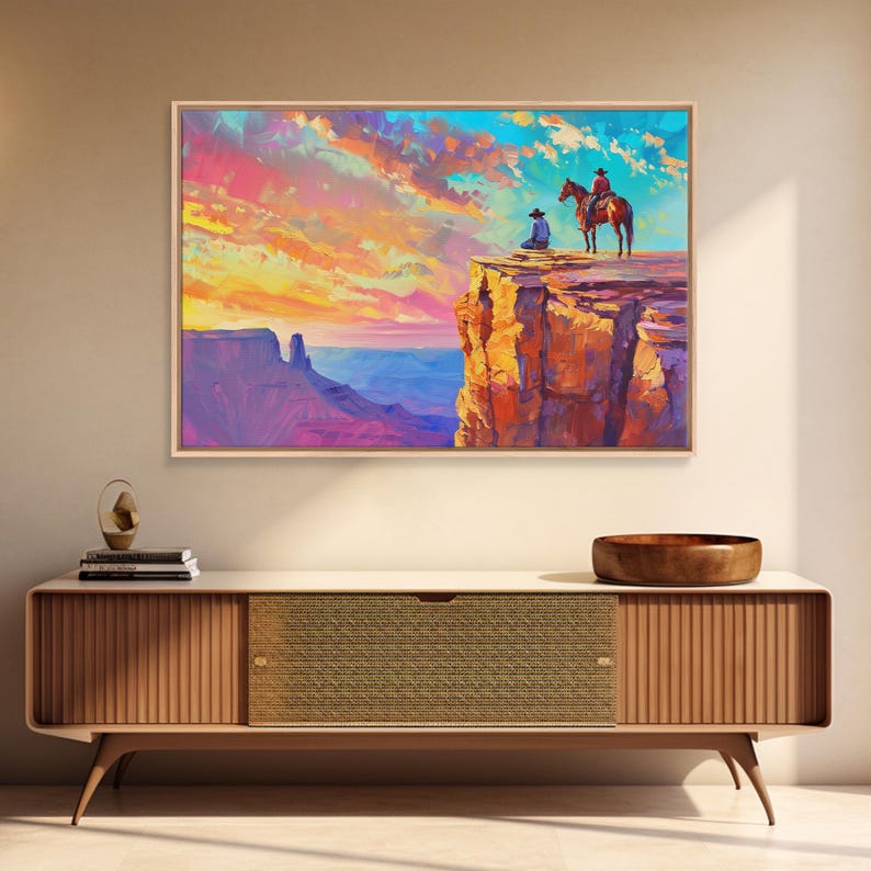 Wild West Art Print, Vintage / Retro Cowboy Wall Art, Framed Canvas or Metal Art, Midcentury Modern Watercolor Painting, Cowboy at Sunset image 15
