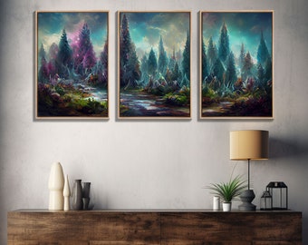 High Fantasy Forest Wall Art, Panoramic Art, Fantasy RPG Concept Art, 3 Piece Wall Art, Ready To Hang Canvas Print