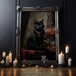 The Witch's Familiar, Black Cat Art, Halloween Retro Canvas / Canvas Print, Goth Wall Art, Goth Portrait Art, Goth Art 5x7