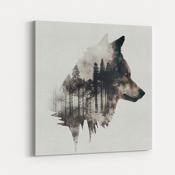 Double exposure of a timber wolf and forest, framed canvas print, wall art, wall decor