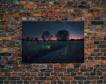 Fireflies light up the Oklahoma Prairie under a Starry night sky, framed canvas print