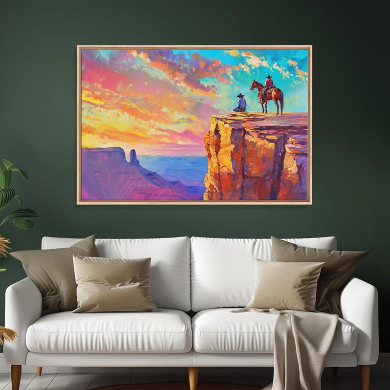 Wild West Art Print, Vintage / Retro Cowboy Wall Art, Framed Canvas or Metal Art, Midcentury Modern Watercolor Painting, Cowboy at Sunset image 2