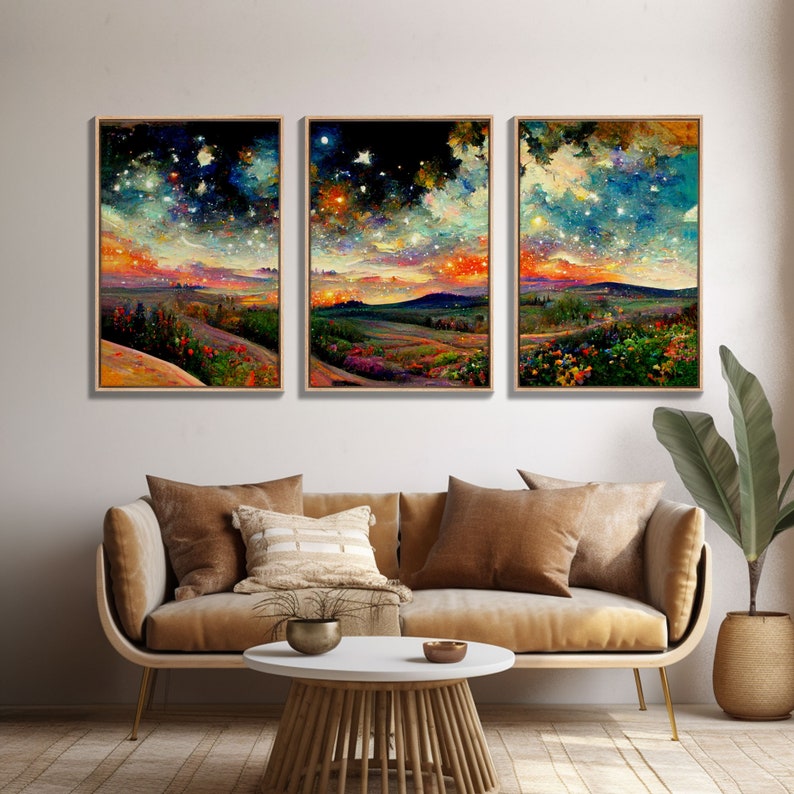 Night Starry Sky Landscape Colorful Night Sky Nature Living Room Wall Art Spiritual Starry, 3 Piece Wall Art, Ready To Hang Canvas Print image 5