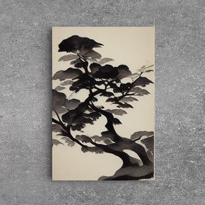 May include: A black and white ink painting of a bonsai tree on a cream-colored background. The tree's branches and leaves are depicted with bold brushstrokes, creating a sense of depth and texture. The artwork is mounted on a rectangular canvas.
