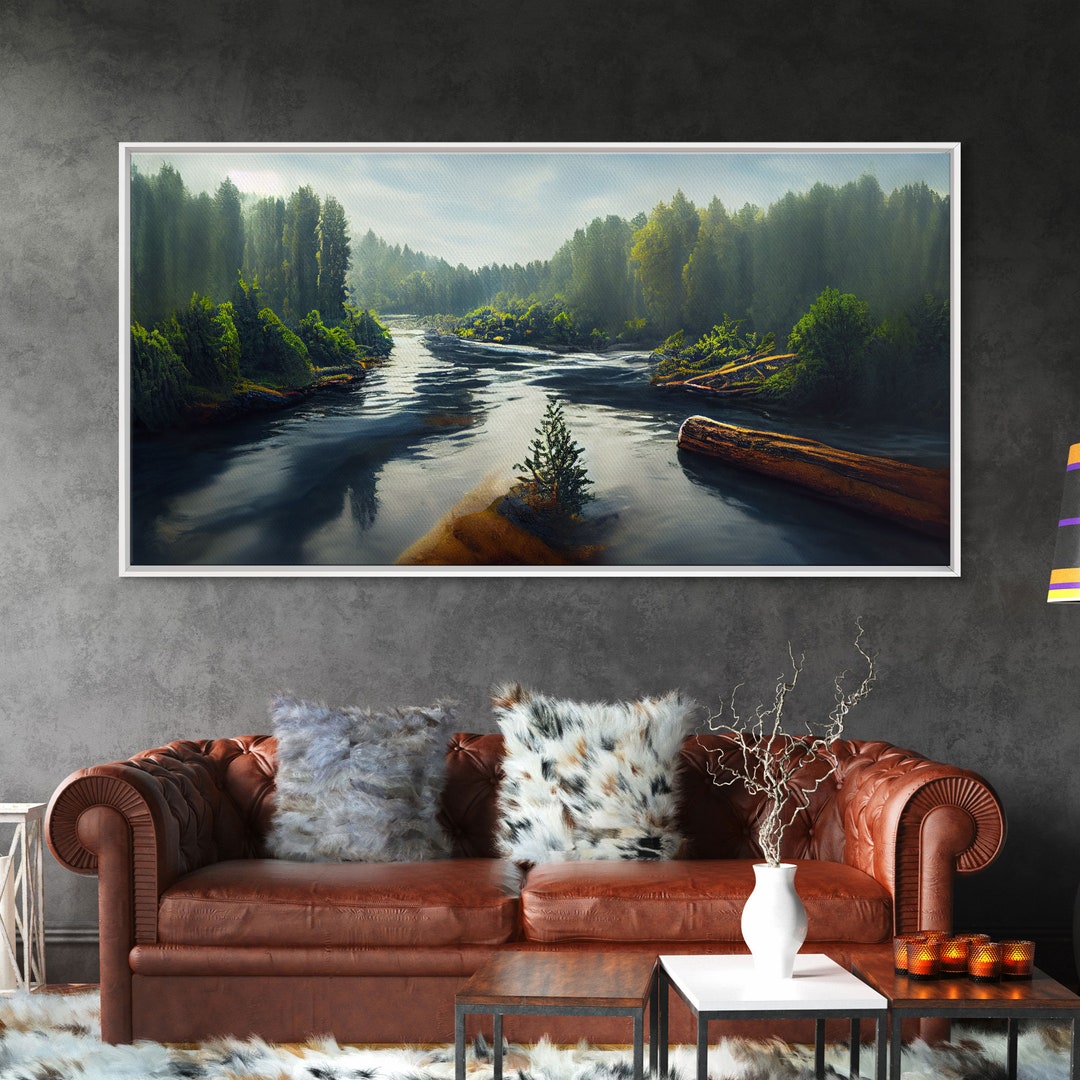Flowing River Wall Decor, Ready to Hang Canvas Print Wall Art, Blue