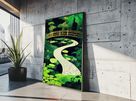 Emerald Green Japanese Zen Garden Art, Framed Canvas Print