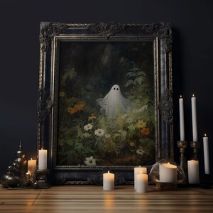 The Ghost Amongst The Flowers, Halloween Canvas Print, Framed Canvas Art, Halloween Decor, Dark Academia, Horror Prints, Oil Painting