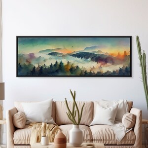 Dramatic Watercolor Sunset Landscape, Ready To Hang Canvas Print, Panoramic, Emerald Green Landscape Wall Decor, Watercolour Painting