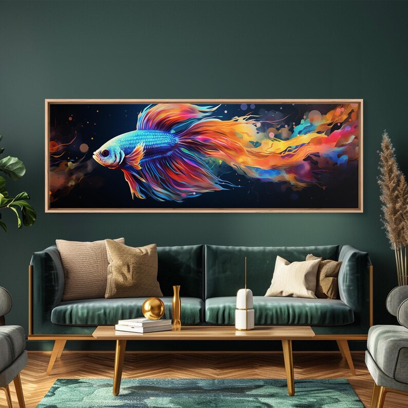 Pintura de pez Betta, arte mural, impresión en lienzo enmarcado, pez luchador siamés, arte mural de acuario, pintura colorida de pez mascota imagen 18