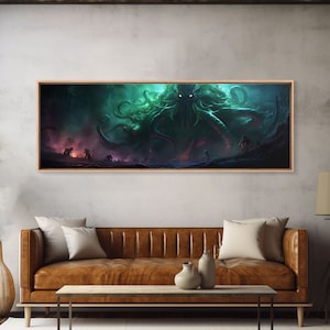 Rise Of Cthulhu Framed Canvas Print, Panoramic Call of Cthulhu H.P. Lovecraft Cosmic Horror Steampunk Gothic Darrk Art Wall Decor