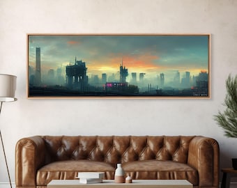 Cyberpunk City Canvas Print: Night City Watercolor Panoramic