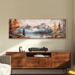 The Mountain and The Lake, Framed Canvas Print, Panoramic Oil Painting, Living Room Decor, Above Bed Wall Art