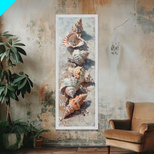 Vertical Printed Canvas Art of Seashells on Coast, Coastal Wall Art Print for Beach House, Beachy Decor, Large Wall Art, Framed Canvas Art