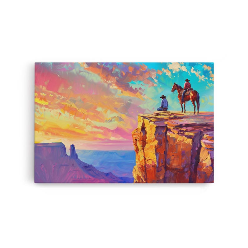 Wild West Art Print, Vintage / Retro Cowboy Wall Art, Framed Canvas or Metal Art, Midcentury Modern Watercolor Painting, Cowboy at Sunset image 14
