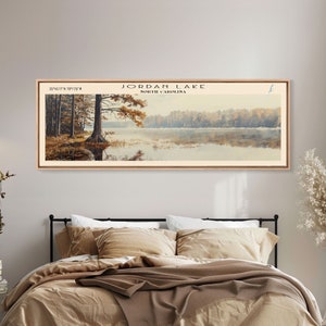 Jordan Lake North Carolina Framed Canvas Print, Lake House Art, Panoramic Travel Poster, Wall Art, Stunning Lake Painting, Home Decor