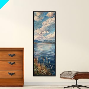 Ocean Landscape Acrylic Canvas Painting Framed, Modern Coastal Art, Vertical Framed Beach Art, Tall and Narrow Wall Art for Living Room