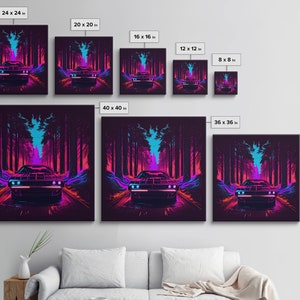 Synthwave Modern Muscle Car Art, Framed Canvas Print, Unique Outrun Style Wall Art, Retro Vibes, Muscle Car In a Forest Road image 9