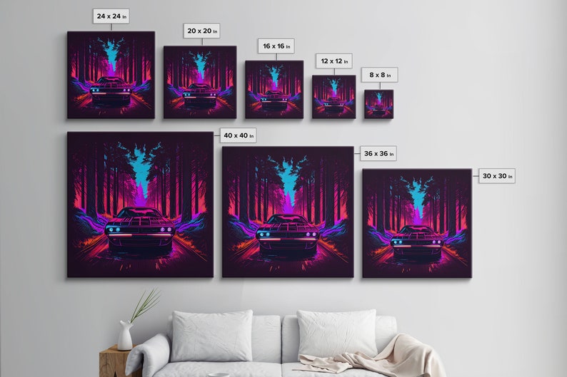 Synthwave Modern Muscle Car Art, Framed Canvas Print, Unique Outrun Style Wall Art, Retro Vibes, Muscle Car In a Forest Road image 9