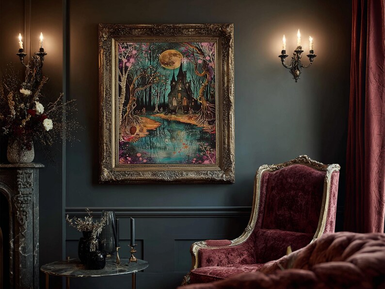 Haunted Castle by the Lake Framed Canvas Print, Halloween Wall Art, Spooky Art, Home Decor, Living Room Decor, Gothic Artwork, Creepy Castle image 17