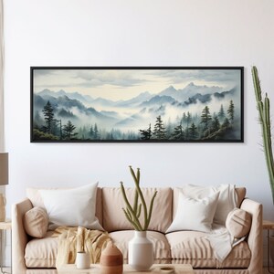 Foggy Mountain Forest Canvas Print, Oil Landscape Painting On Canvas - Ready To Hang Large Panoramic Canvas Wall Art Prints, Framed Wall Art
