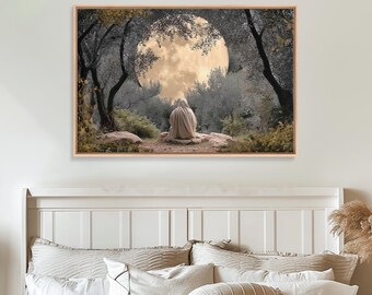 Moonlit Garden Prayer - Framed Canvas Print - Christian Wall Art - Christian Art Canvas - Jesus Painting - Moody Christian Art - Christian