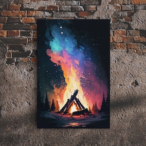 Campfire Print, Framed Canvas Art, Original Artwork, Hiking, Up North, Lake Life, Cabin Decor