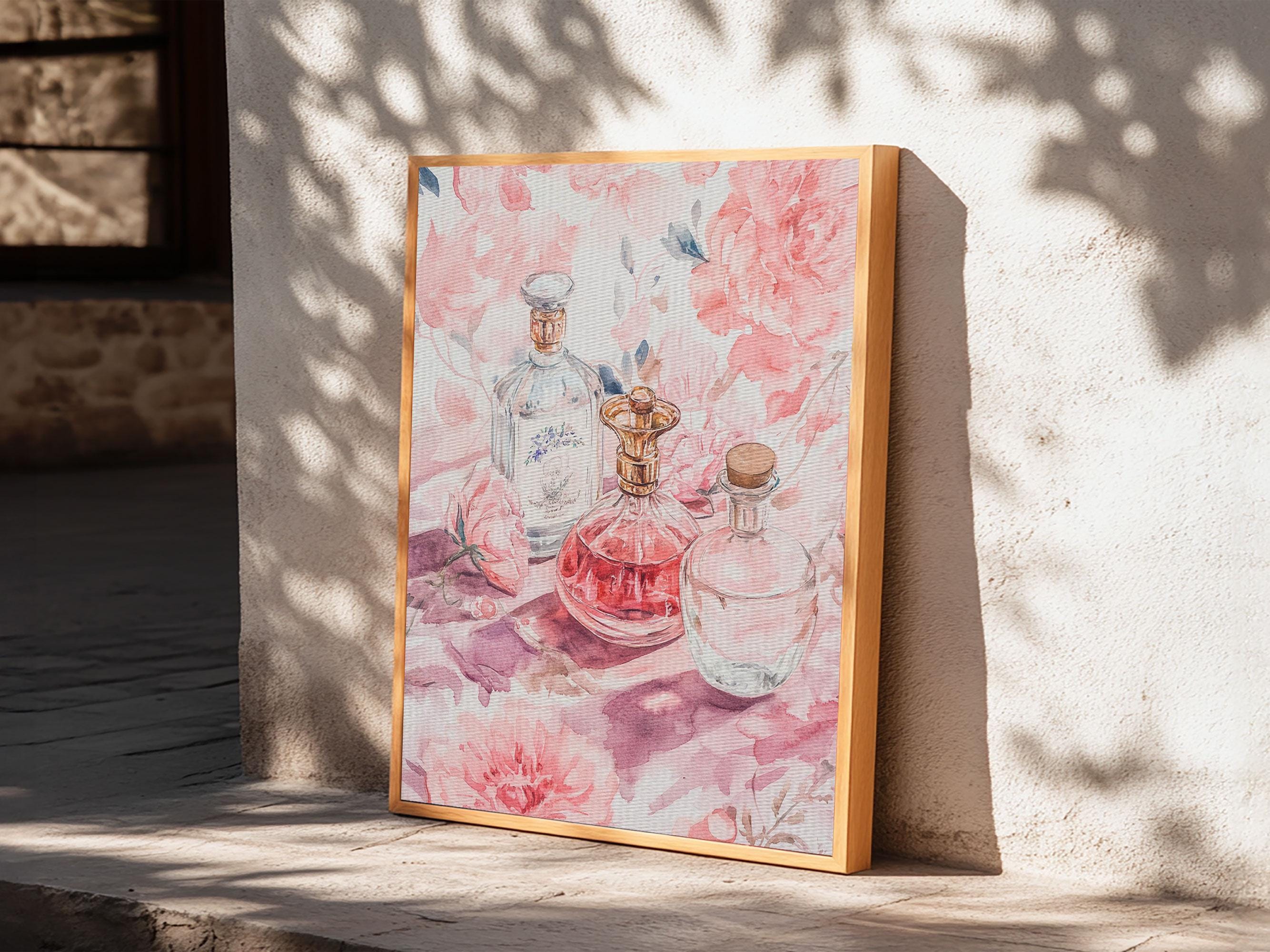 Vintage Perfume Bottle Art Framed Canvas Print | Romantic Cottagecore Bedroom or Vanity Art | Feminine and Whimsical Aesthetic Decor