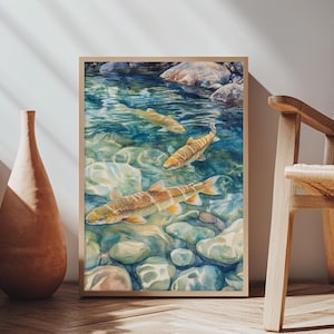 Gentle Swimming Trout Framed Canvas Print Fly Fishing Art Rustic Living Room Wall Art Cabin Decor Gift Idea Cottagecore