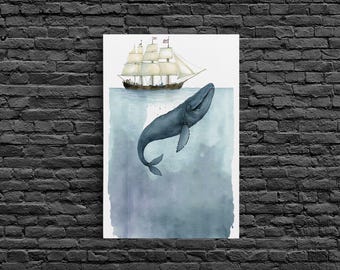 Framed Wall Art Blue Whale Painting, Watercolor Painting, Whale Print, Whale and Boat, Whale Nursery, Humpback Whale, Framed Wall Art