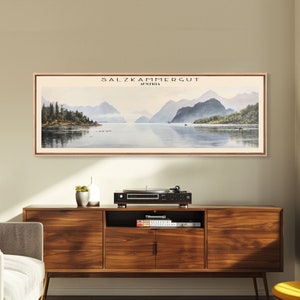 Salzkammergut Travel Art Framed Canvas Print, Austria, Home Decor, Travel Poster, Vintage Wall Art, Panoramic Watercolor Painting